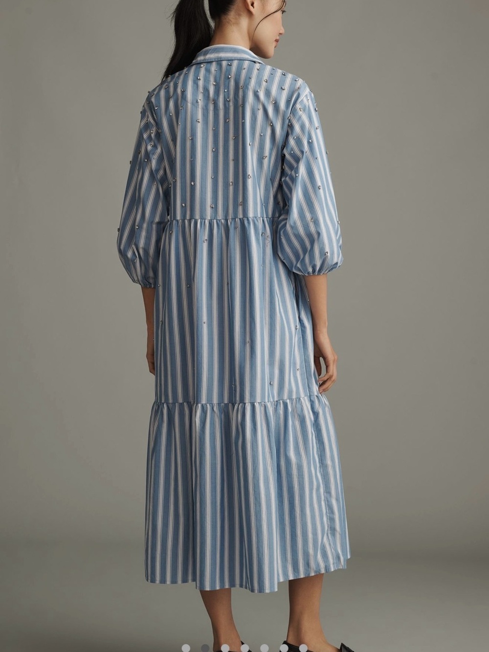 Anthropologie Blue and White Striped embellished Midi Shirt Dress - Picture 2 of 7